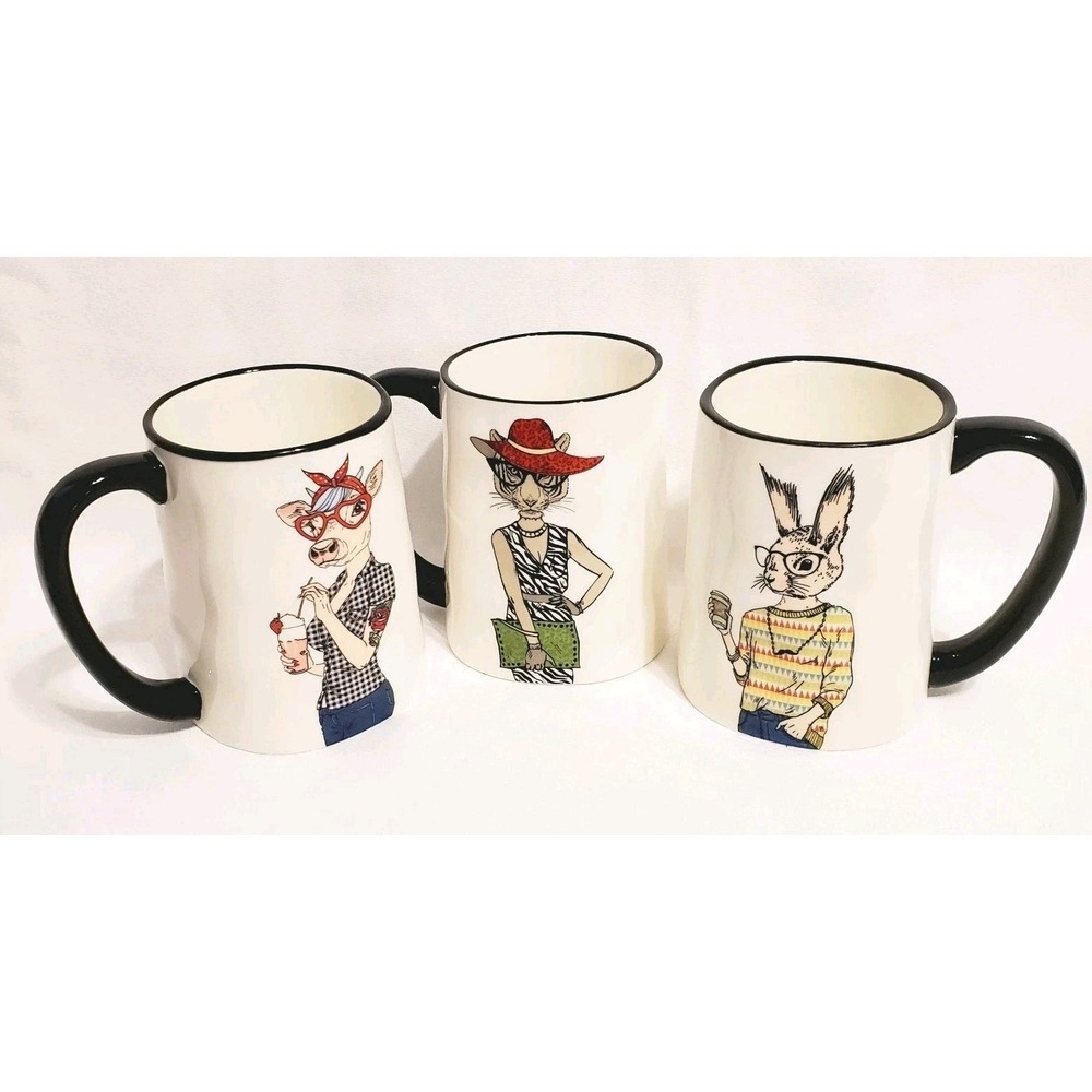 Set of 3 Hipster Coffee Mugs By Signature Housewares 16 Oz Cow, Cat, Rabbit